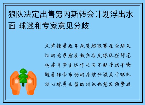 狼队决定出售努内斯转会计划浮出水面 球迷和专家意见分歧